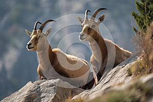 pair of ibex perched on a cliffside, with their hoofs and horns in full view photo