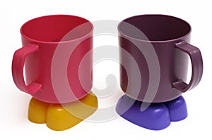 A pair of identical plastic cups but with different colors white backdrop