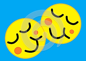 A pair of identical yellow emoticons smileys face expression of pride and satisfaction light blue turquoise backdrop