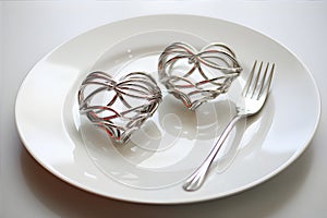 Pair of intertwined silver forks on a dessert plate, Valentine\'s Day. AI Generated