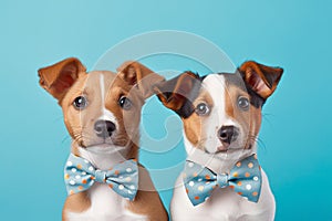 Pair of Jack Russel Terrier dog puppies with bowties on blue background