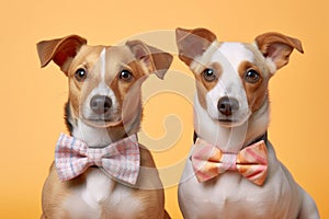 Pair of Jack Russel Terrier dogs with bowties on yellow background