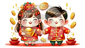 A pair of joyful children, a boy and a girl, are depicted in traditional red Chinese outfits, holding golden ingots and surrounded