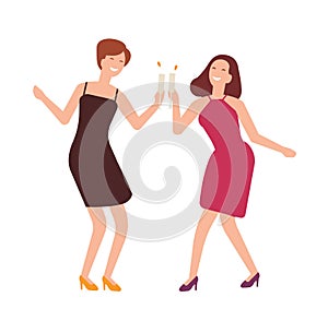 Pair of joyful women celebrating birthday. Happy girls clinking glasses and drinking cocktails at celebratory party