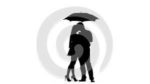 Pair kissing under the umbrella. Silhouette. White background