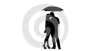 Pair kissing under the umbrella. Silhouette. White background. Slow motion