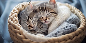 A pair of kittens purr contentedly, their eyes half-closed as they snuggle together in a warm, cozy basket, concept of