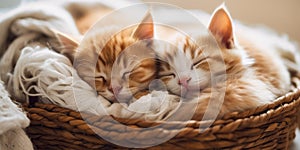 A pair of kittens purr contentedly, their eyes half-closed as they snuggle together in a warm, cozy basket, concept of