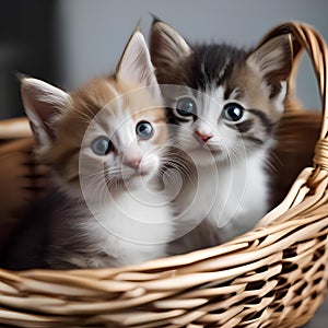 A pair of kittens sitting in a basket, staring wide-eyed at the camera1