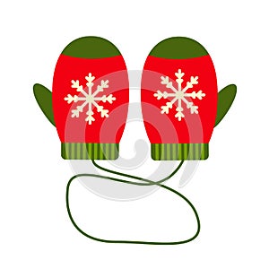 Pair of knitted christmas mittens isolated on white background. Winter gloves icon in flat style.