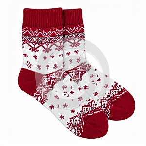 Pair of Knitted Red and White Patterned Socks on White Background