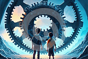 Pair of lads standing on large gearwheel encircled by multiple cogwheels