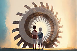 Pair of lads standing on large gearwheel encircled by multiple cogwheels