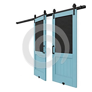 Pair of light blue barn sliding doors with black louvers on a white background barn doors