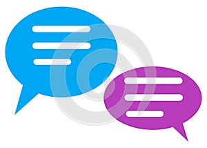 A pair of light blue turquoise and purple pink speech balloons with white miscellaneous text lines white backdrop