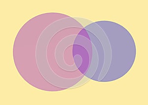 A pair of light magenta pink purple and indigo blue different diameters circles overlapping light beige yellow backdrop