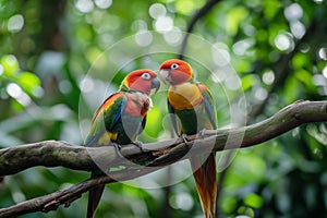 Pair of lovebirds agapornis-fischeri. Moment of tenderness between a pair of parrots. pair of parrots. Blue-naped parrot,