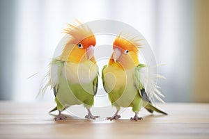 pair of lovebirds fluffing feathers in sync