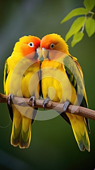 A pair of lovebirds sitting together on a branch, their bright orange and yellow feathers