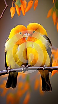 A pair of lovebirds sitting together on a branch, their bright orange and yellow feathers