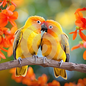 A pair of lovebirds sitting together on a branch, their bright orange and yellow feathers