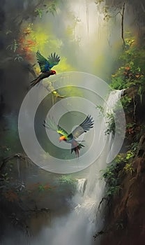a pair of macaws flying over a lush green rainforest and a waterfall Generative AI