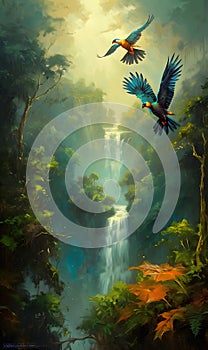 a pair of macaws flying over a lush green rainforest and a waterfall Generative AI