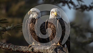 Pair of majestic bald eagles perching on branch, front view generated by AI