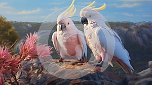 A pair of Major Mitchell\'s cockatoos perched on a rocky outcrop