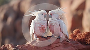 A pair of Major Mitchell\'s cockatoos perched on a rocky outcrop