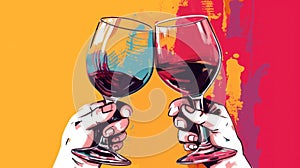 A pair of male and female hands hold glasses of red wine. Toast. Romance, two lovers together. Love. Two friends at a