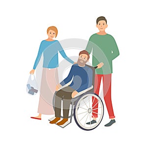 Pair of male and female volunteers helping disabled person. Teenage boy and girl assisting man in wheelchair. Voluntary photo