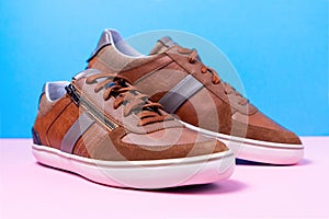 Pair of male's new sneakers made of brown leather laid out on a blue-pink background. Close up. The Shoemaker's Holiday
