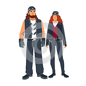 Pair of man and woman bikers dressed in black leather motorcycling clothes isolated on white background. Outlaw photo