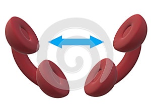 A pair of maroon red classic telephone headset mirror image symmetrically with a light blue communication connection symbol white