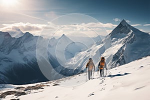 A pair of men embark on an arduous snow mountain hike photo