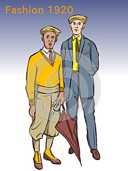 a pair of men posing.  they dress 1920 style clothes. illustration