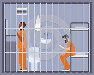 Pair of men in prison, jail or detention center room. Two prisoners or criminals shaving and reading book in cell. Male