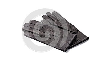 Pair of men`s black leather gloves isolated on white background