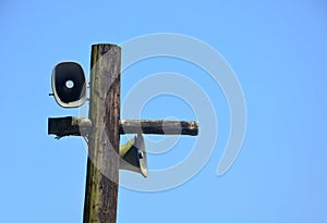 Pair of metal old vintage horn speaker for public relations on wood post covered with green moss and lichen