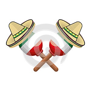 Pair mexican maraca instrument with traditional hat