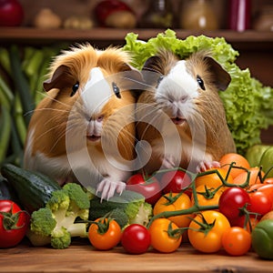 A pair of mischievous Guinea Pigs munching on fresh vegetables by AI generated