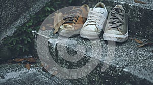 A pair of mismatched sneakers resting on a concrete step one old and dirty the other brand new. The contrast between the