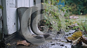 A Pair of Mud-Covered Rubber Boots Resting Against a White Door photo