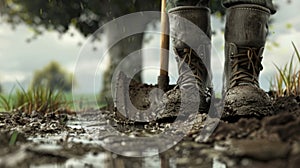 A pair of muddy boots walking through a muddy field with a shovel and rake propped against a nearby tree photo