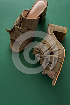 Pair of mules/clogs on deep green background, space for text