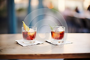 pair of negronis in oldfashioned glasses, cheers moment photo