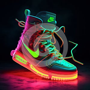 a pair of neon green nike air force 1 shoes on black