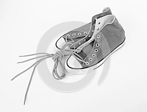 Pair of new sneakers isolated on white background, black and white style image