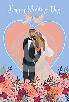 A pair of newlyweds on the background of a heart with pigeons and flowers. Cute vector cartoon illustration in flat